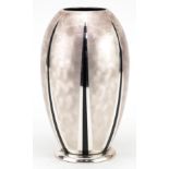 Stylish WMF Ikora silver metal planished vase with black Art Deco lines, impressed mark to the base,