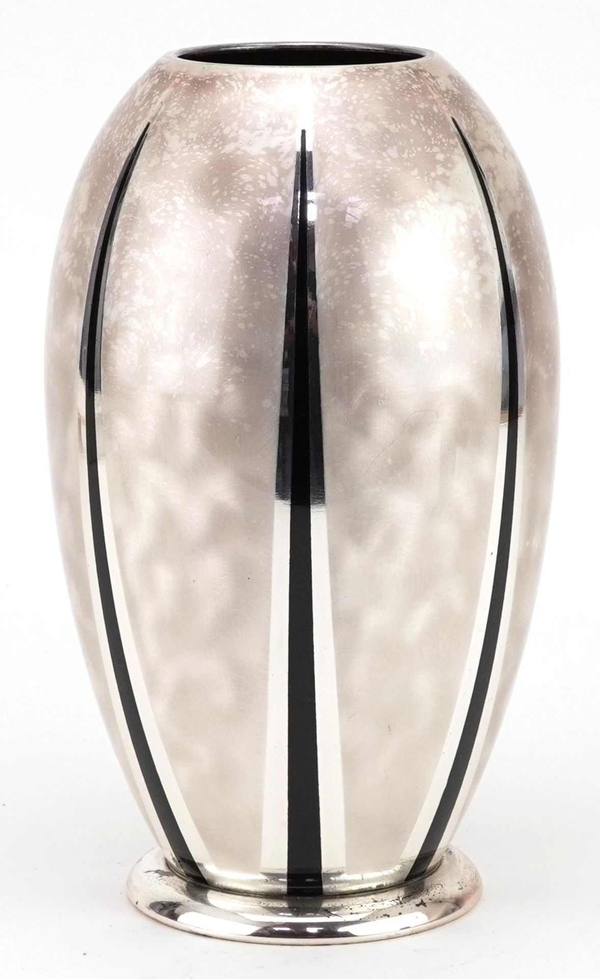 Stylish WMF Ikora silver metal planished vase with black Art Deco lines, impressed mark to the base,