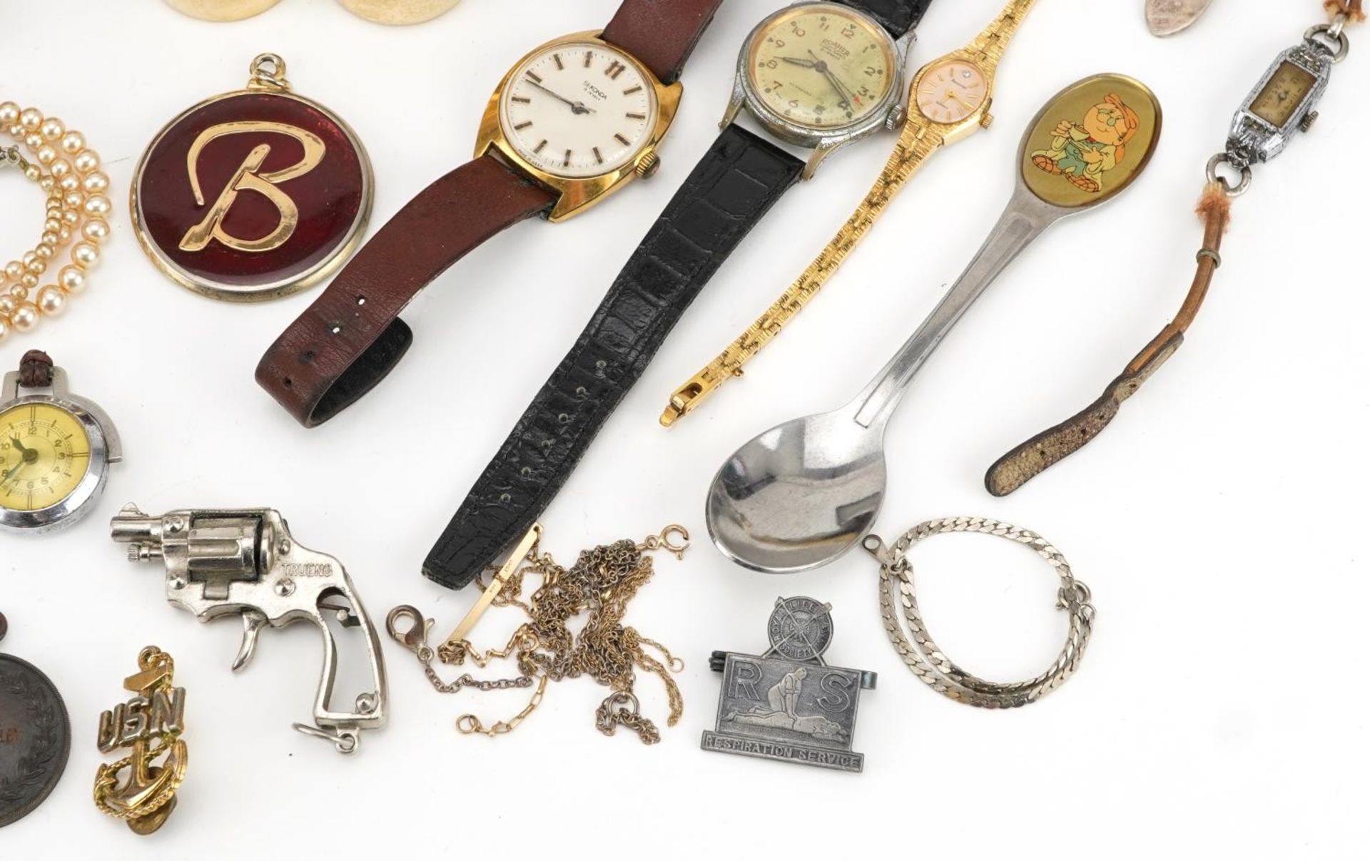 Vintage and later jewellery, wristwatches and objects including Roamer, 9ct gold earring, military - Image 5 of 5