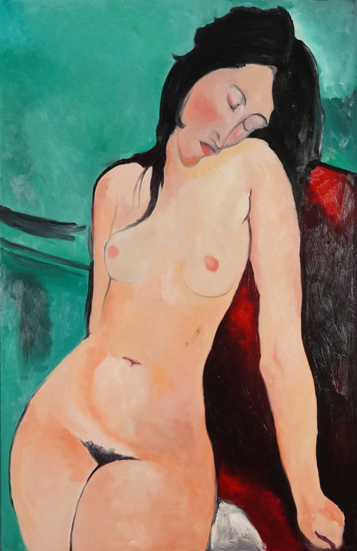 Clive Fredriksson after Amedeo Modigliani - Nude female, Impressionist oil on board, framed, 90. - Image 2 of 3