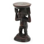 African tribal interest Luba caryatid hardwood stool from Congo, 22cm high : For further information