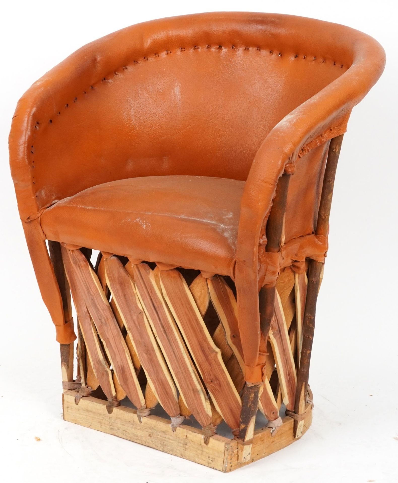 Equipale, Mexican mid century style pig skin and cedar strip chair with trellis frame, 78cm high :