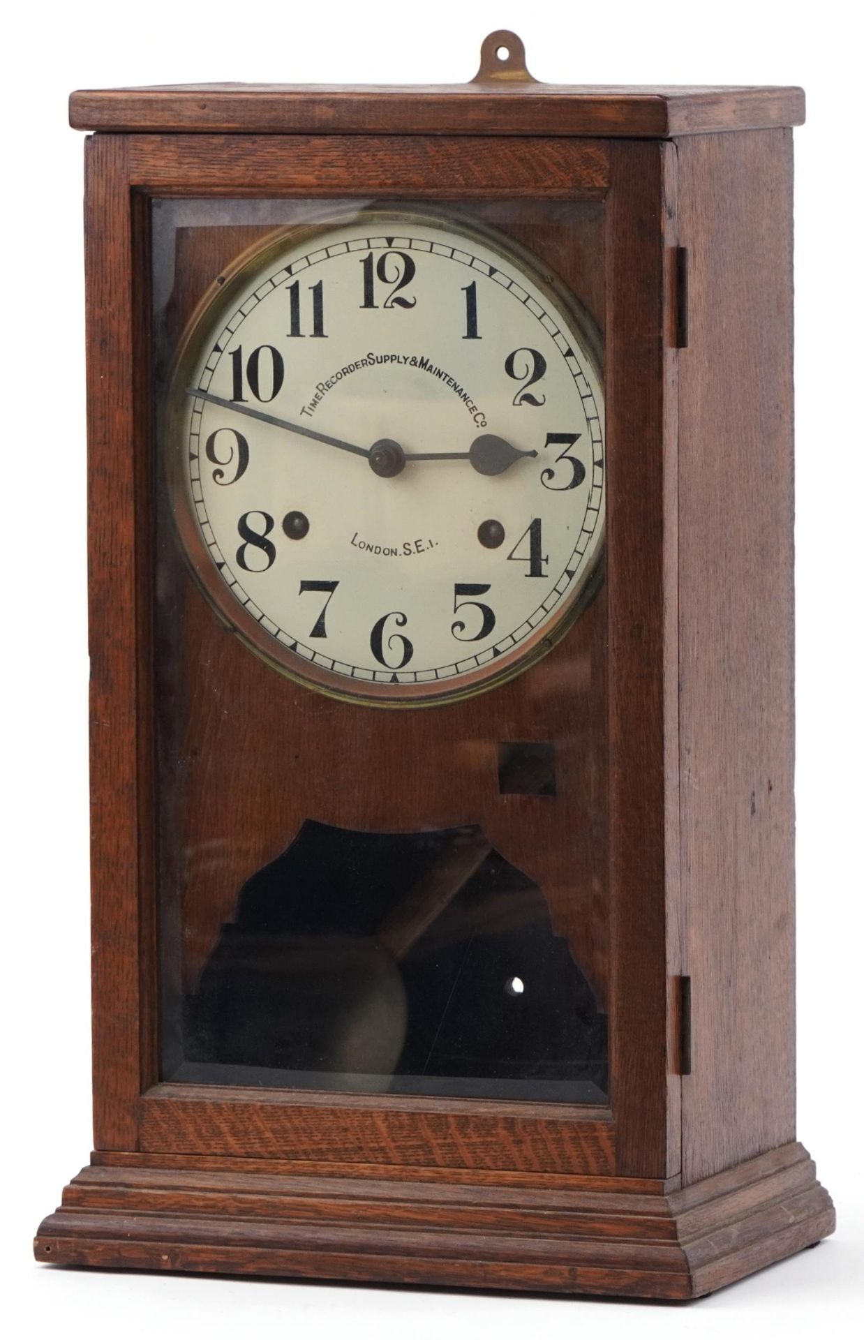 Oak cased Time Recorder Supply Maintenance Co clocking in machine with circular dial having Arabic