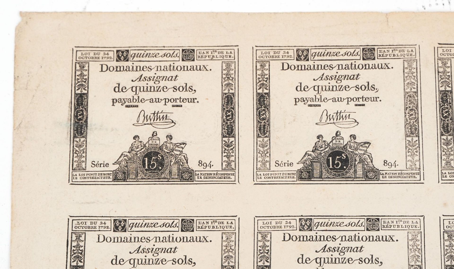 18th century uncut sheet of twenty French Revolution fifteen sols banknotes, series 894 : For - Image 2 of 2