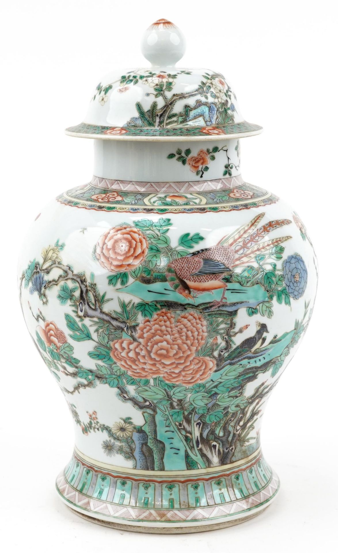 Chinese porcelain baluster vase and cover hand painted in the famille rose palette with birds of