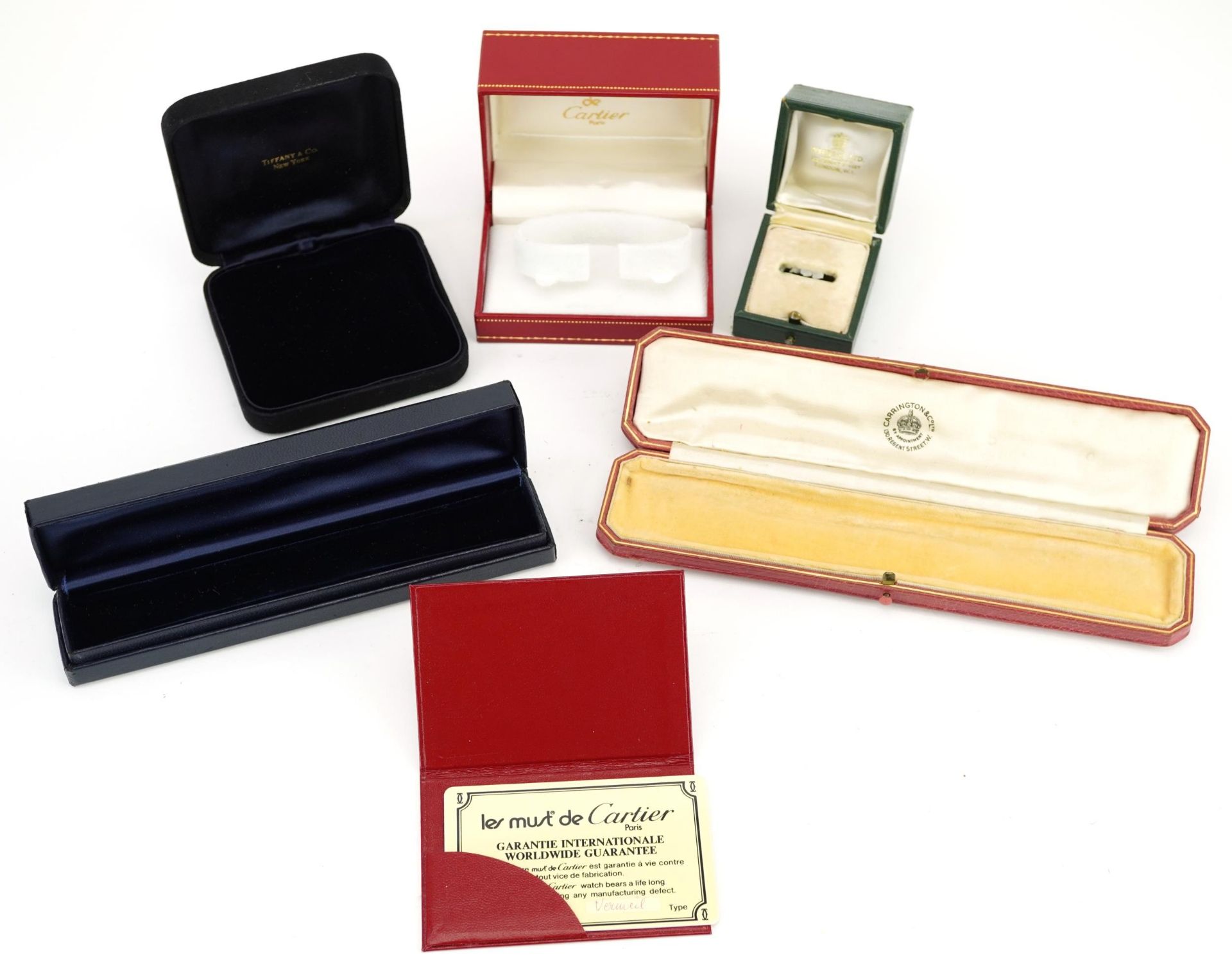 Five antique and later jeweller's boxes comprising Les Must de Cartier wristwatch box, - Image 2 of 3