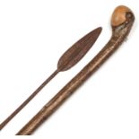 Tribal interest double ended spear and gnarled wood walking stick, the largest 198cm in length : For