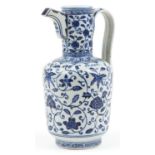 Chinese Islamic blue and white porcelain ewer hand painted with flowers, six figure character
