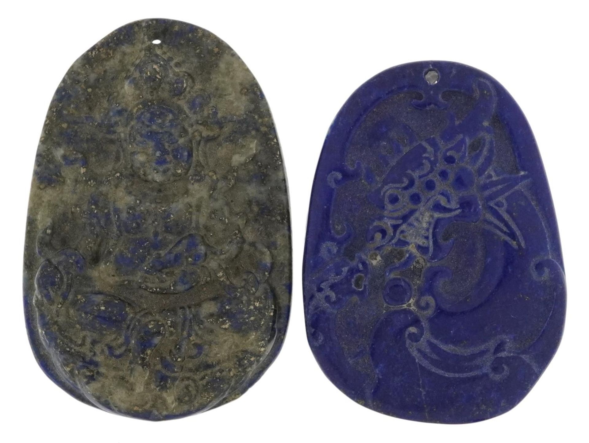 Two Chinese lapis lazuli pendants including one carved with Buddha, the largest 6cm high : For