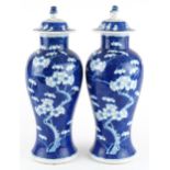 Pair of Chinese blue and white porcelain baluster vases with covers hand painted in the prunus