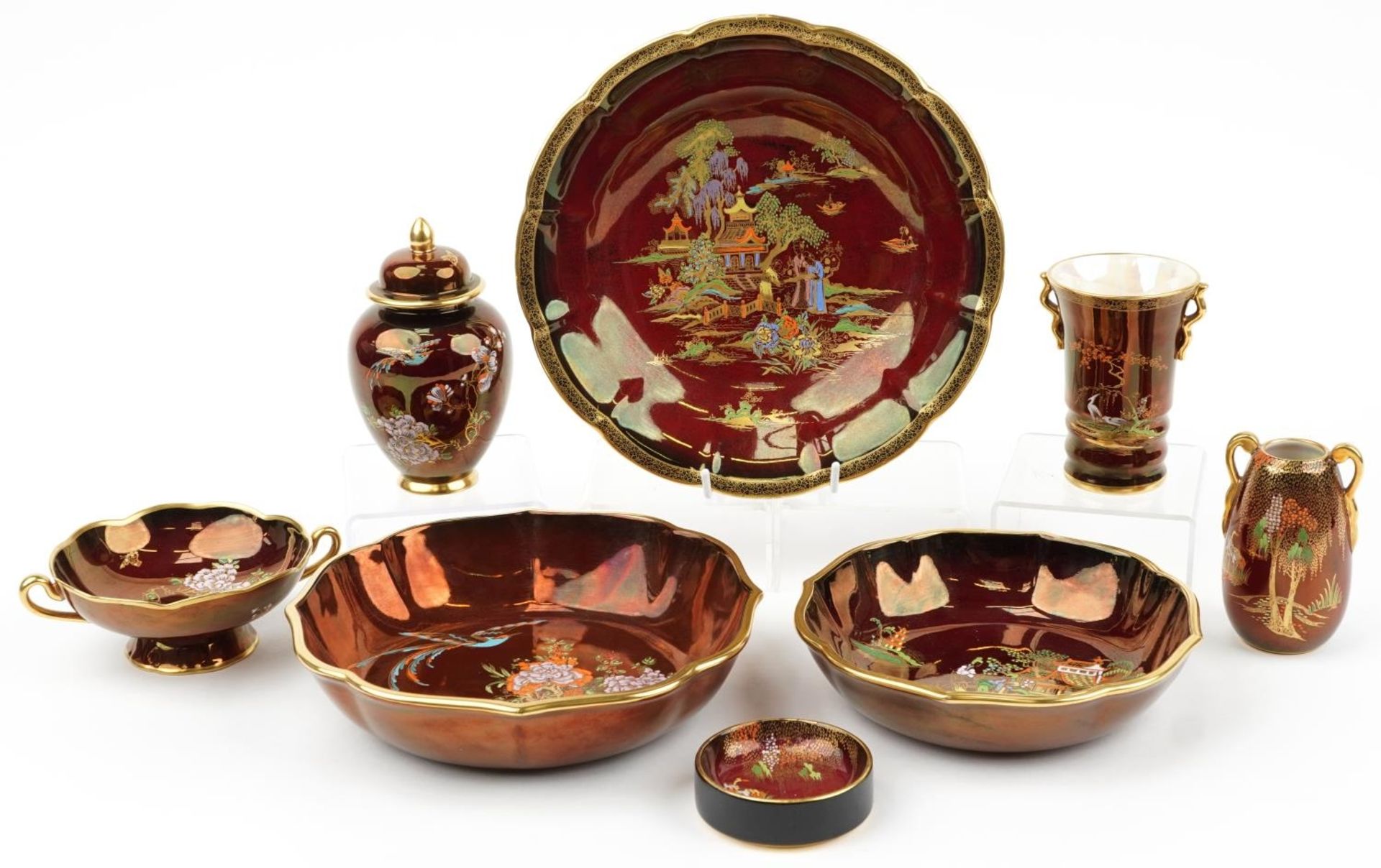 Carltonware Rouge Royale including Pagoda pattern centre dish, twin handled vase and vase with