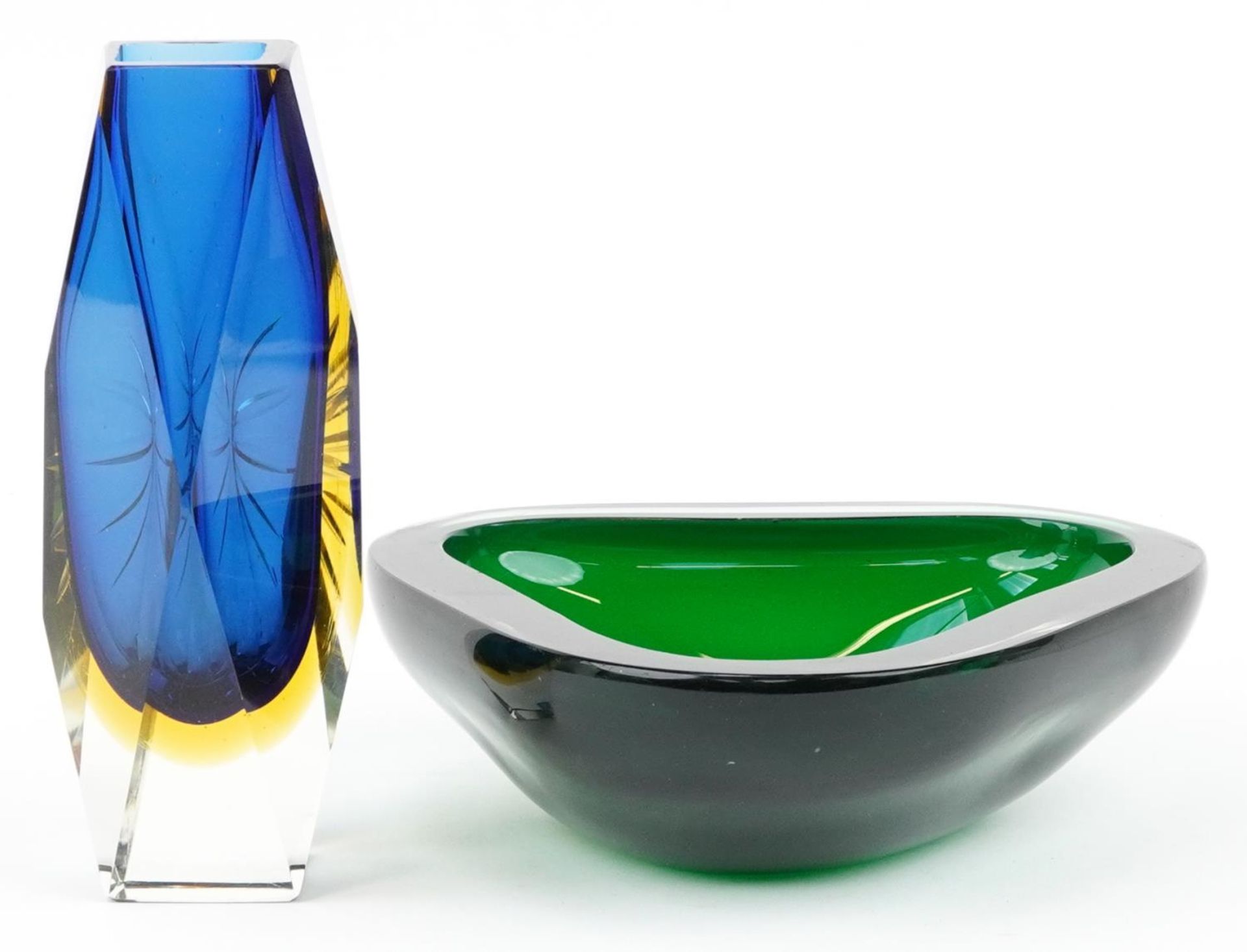 Murano Sommerso three colour glass vase and a Murano green glass triangular dish, the largest 22cm - Image 2 of 3