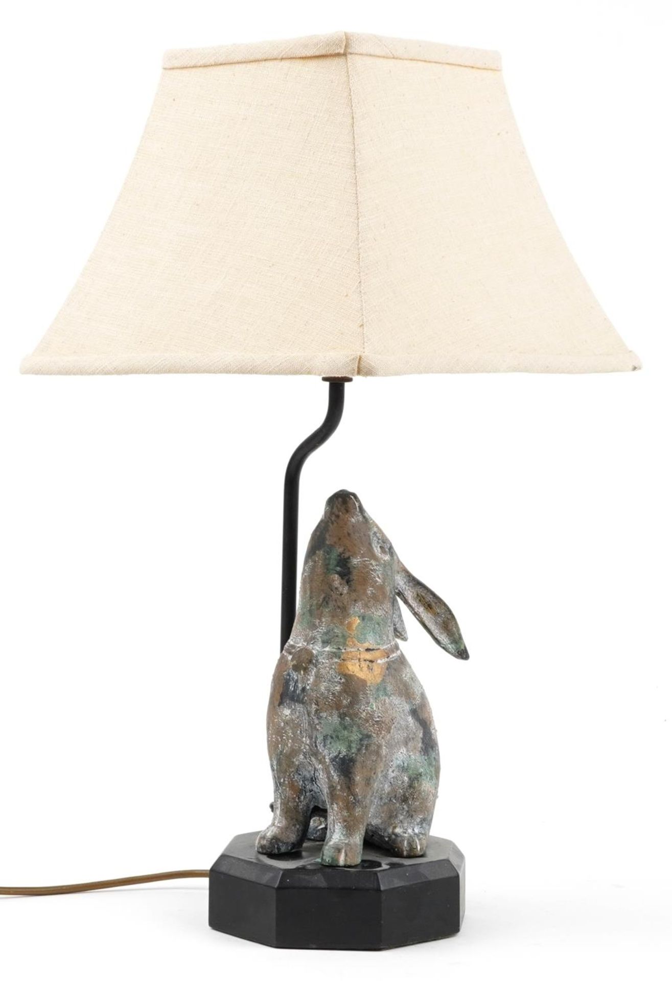 Chinese table ebonised table lamp with shade surmounted with a verdigris partially gilt bronzed
