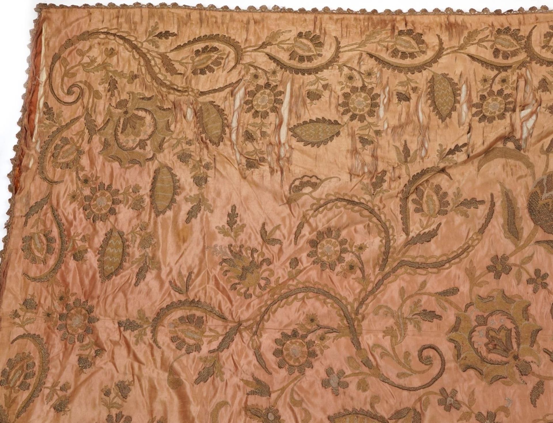 Large Turkish Ottoman silk textile embroidered with flowers, 230cm x 167cm : For further information - Image 2 of 7