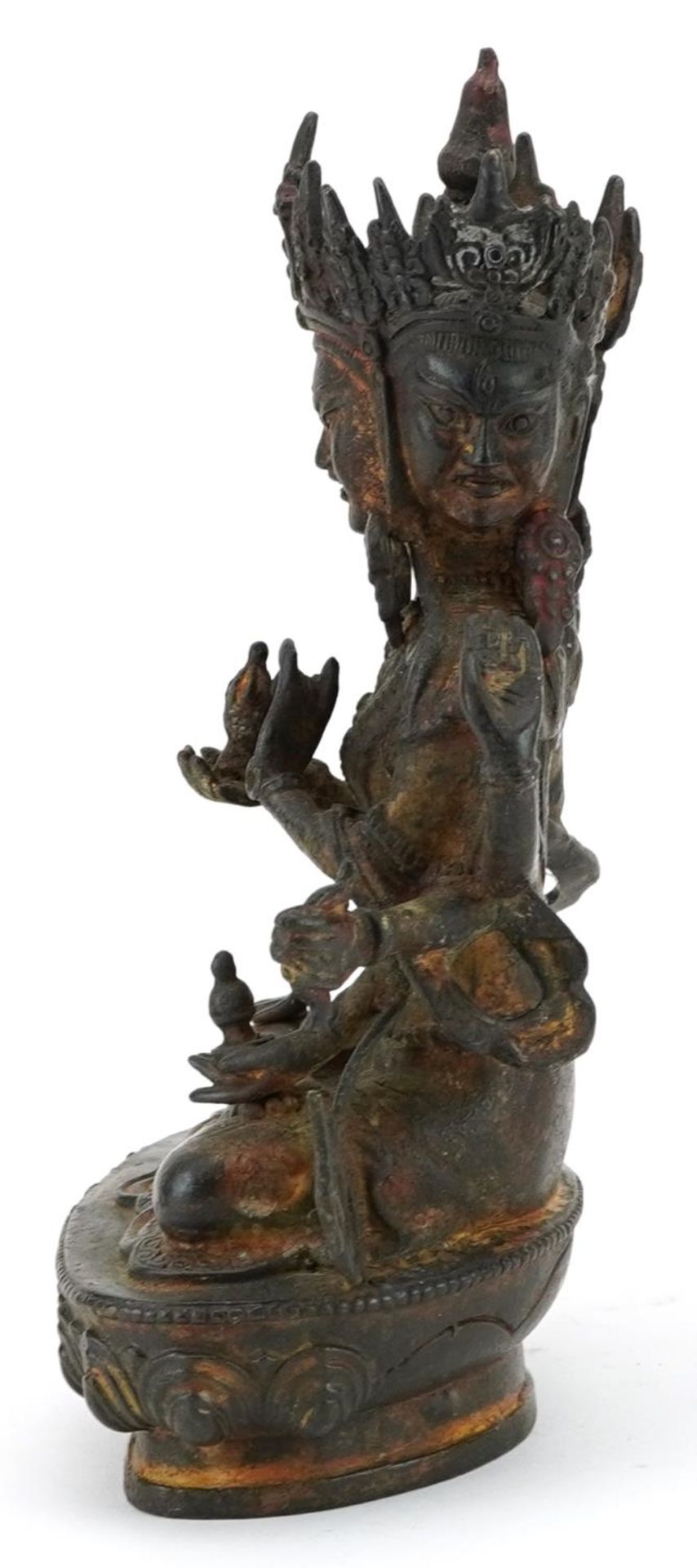 Chino Tibetan partially gilt bronze figure of three faced Buddha, 21.5cm high : For further - Bild 2 aus 6