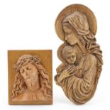 Good quality carved wooden plaque of Jesus and the crown of thorns together with a wooden plaque