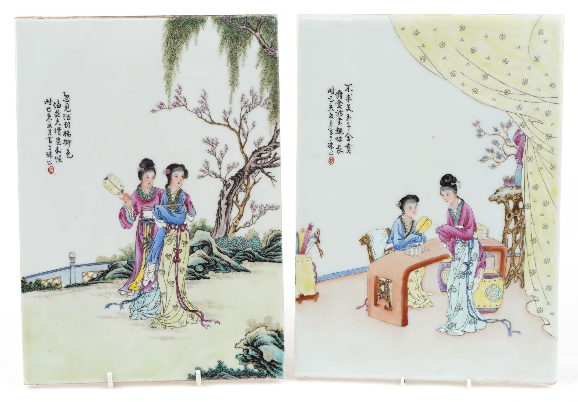 Pair of Chinese porcelain panels hand painted with scholars, each signed with calligraphy and red