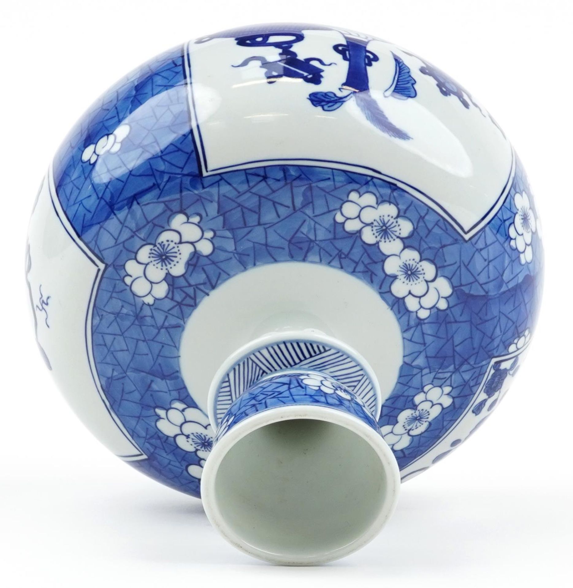 Chinese blue and white porcelain hookah base hand painted with panels of luck objects onto a - Image 5 of 6