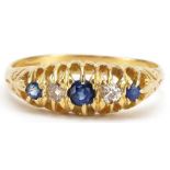 18ct gold sapphire and diamond five stone ring with pierced setting, size Q, 3.7g : For further