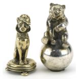 19th century novelty silver plated caster in the form of a dog and a silver plated inkwell in the