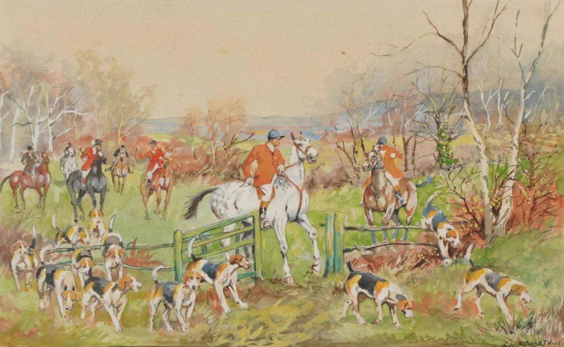 Ernest William Aldworth - Hunting scene with huntsmen on horseback with hounds and village landscape - Image 7 of 10