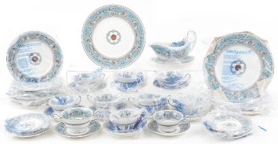 As new Wedgwood Florentine turquoise dinner and teaware including dinner plates, sauceboat on stand,
