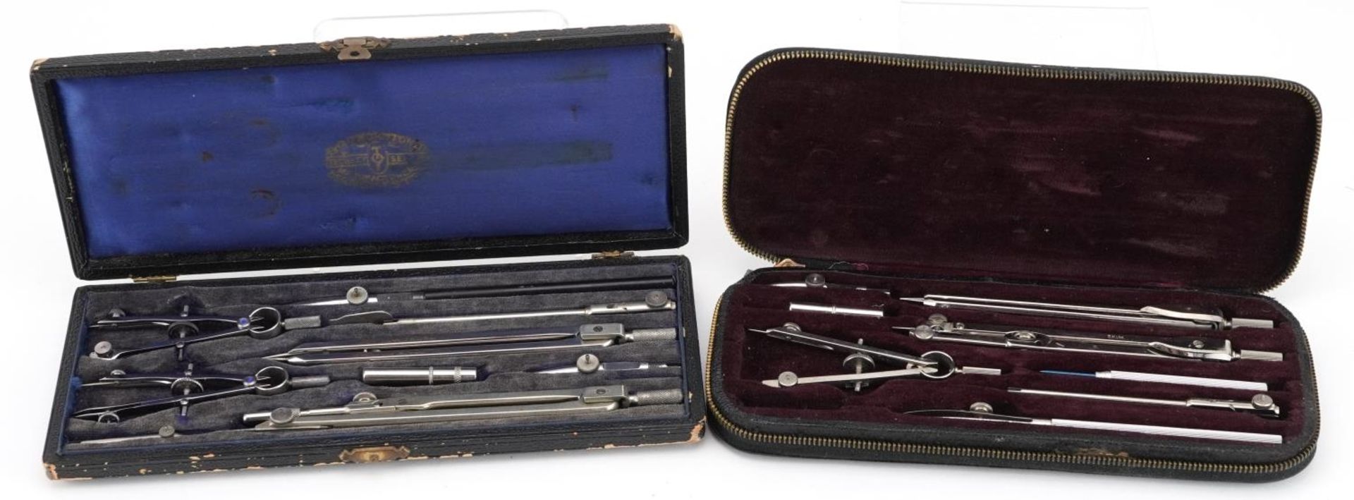 Two cased drawing sets, one in a silk lined box, A G Thornton Limited, made in Manchester, the