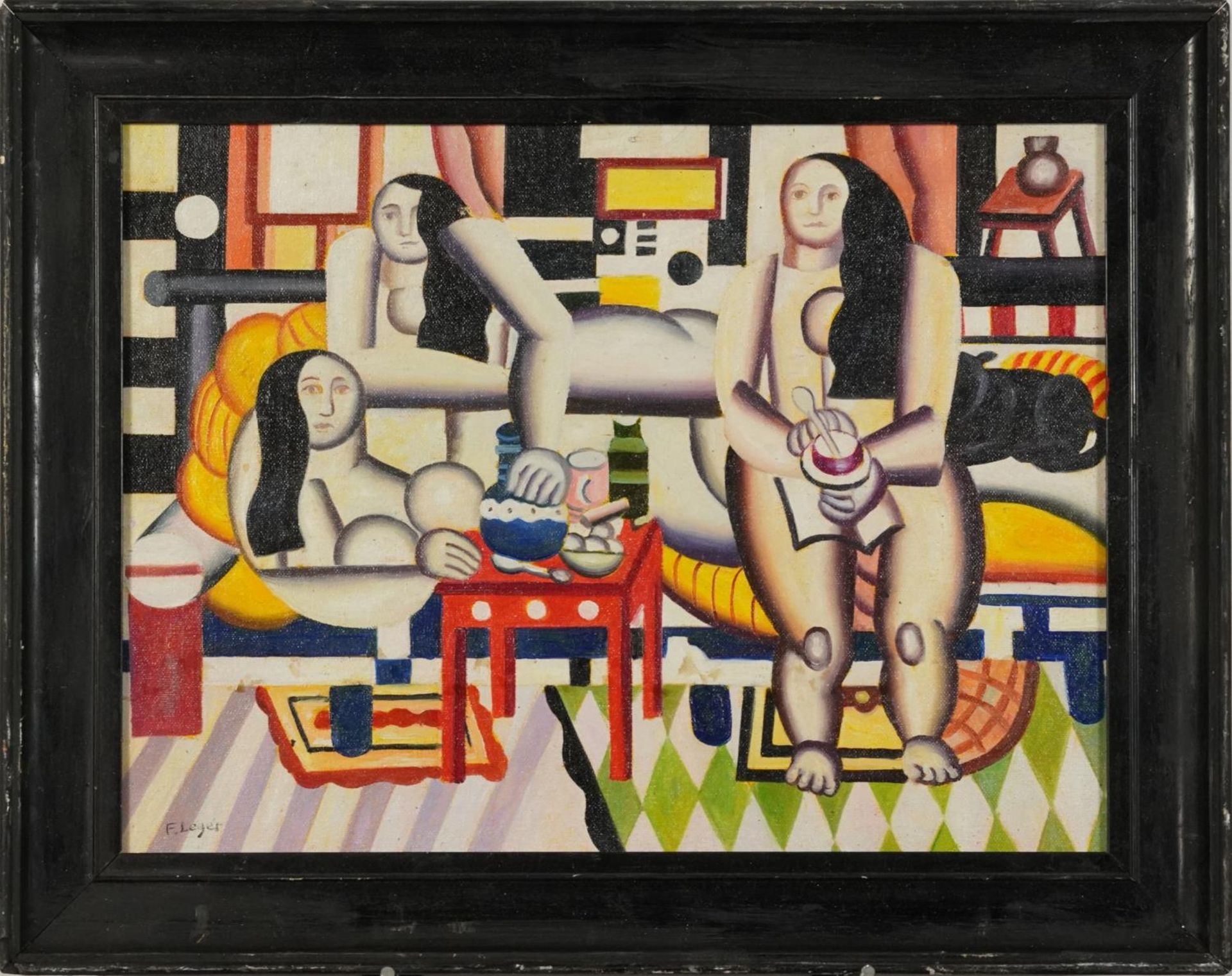 Manner of Fernand Leger - Surreal composition, three females in an interior, French school oil on - Image 2 of 6