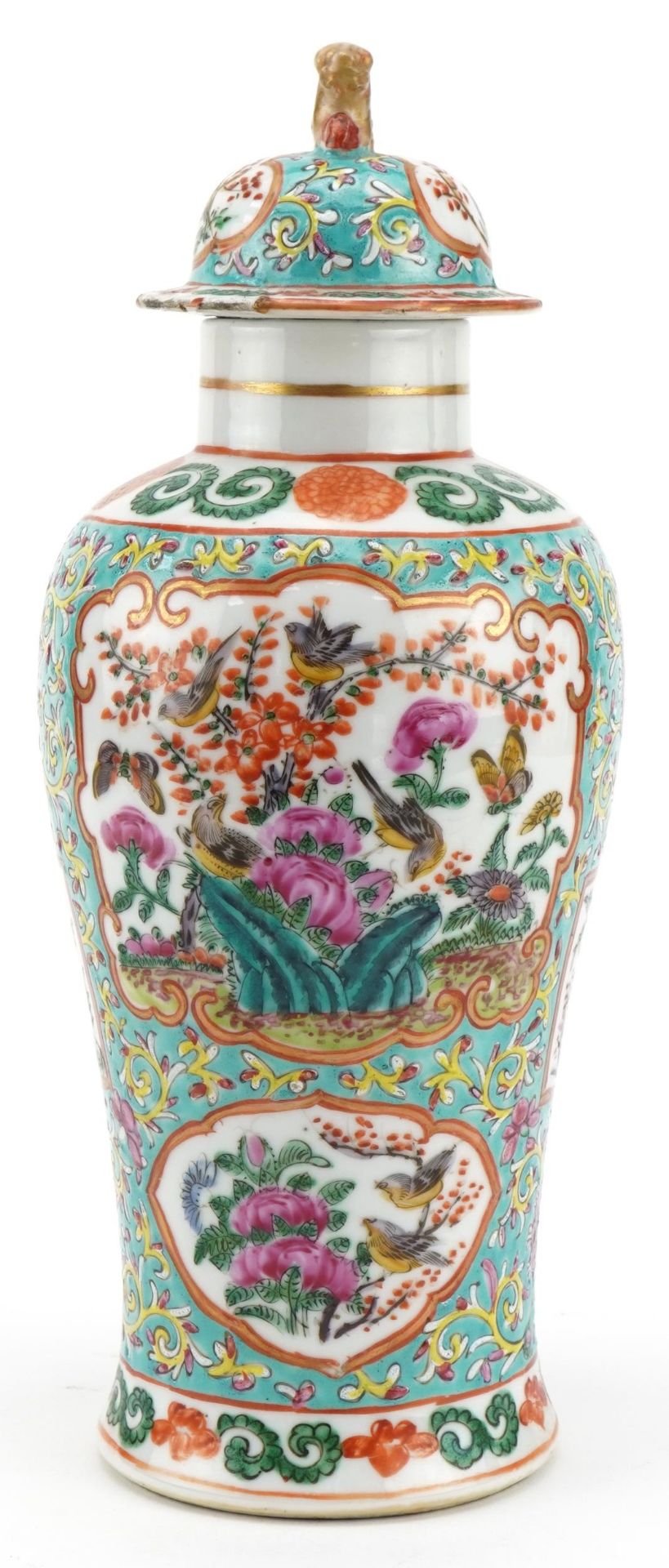 Chinese porcelain turquoise and baluster vase and cover hand painted in the famille rose palette