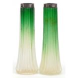 Pair of Art Nouveau green and clear glass flower vases with silver rims, the rims William Amaziah