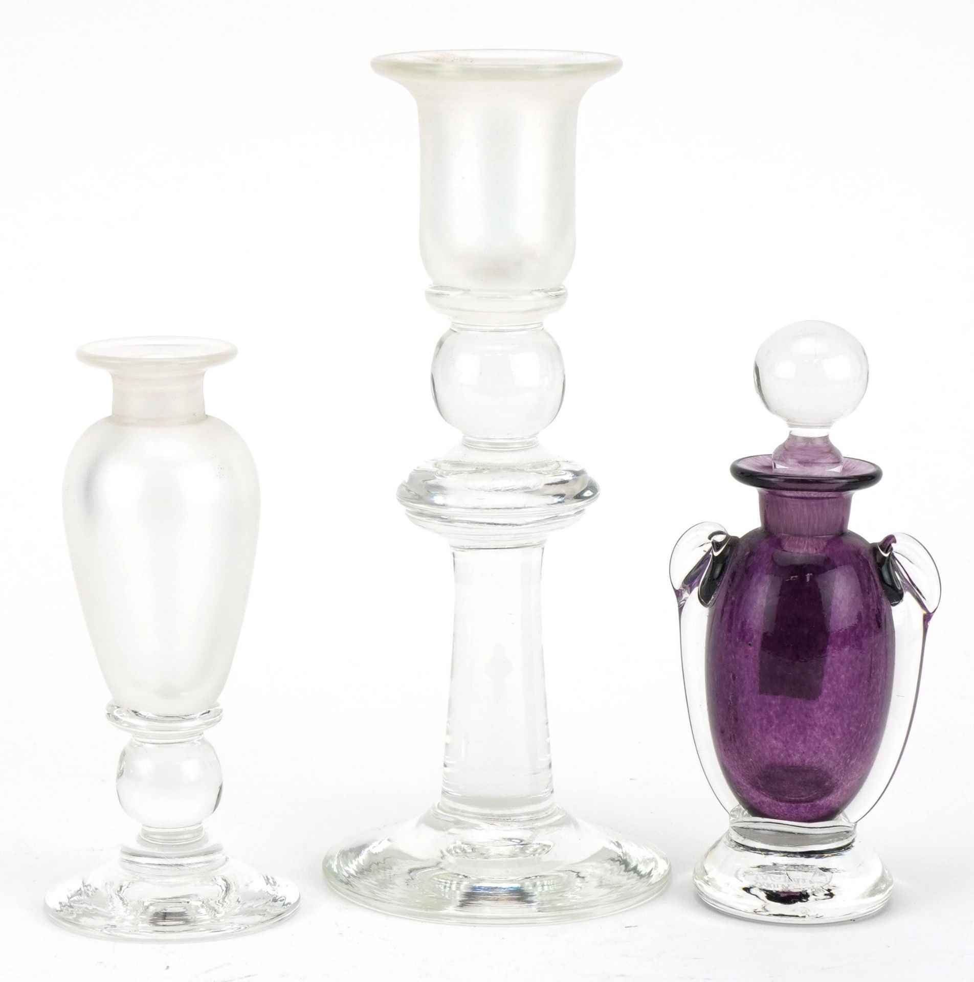David Wallace Art glassware including a purple scent bottle with handles and stopper and