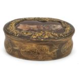 18th century gilt metal snuff box with inset hardstone lid engraved Mary Hall 1777 to the base, 8.