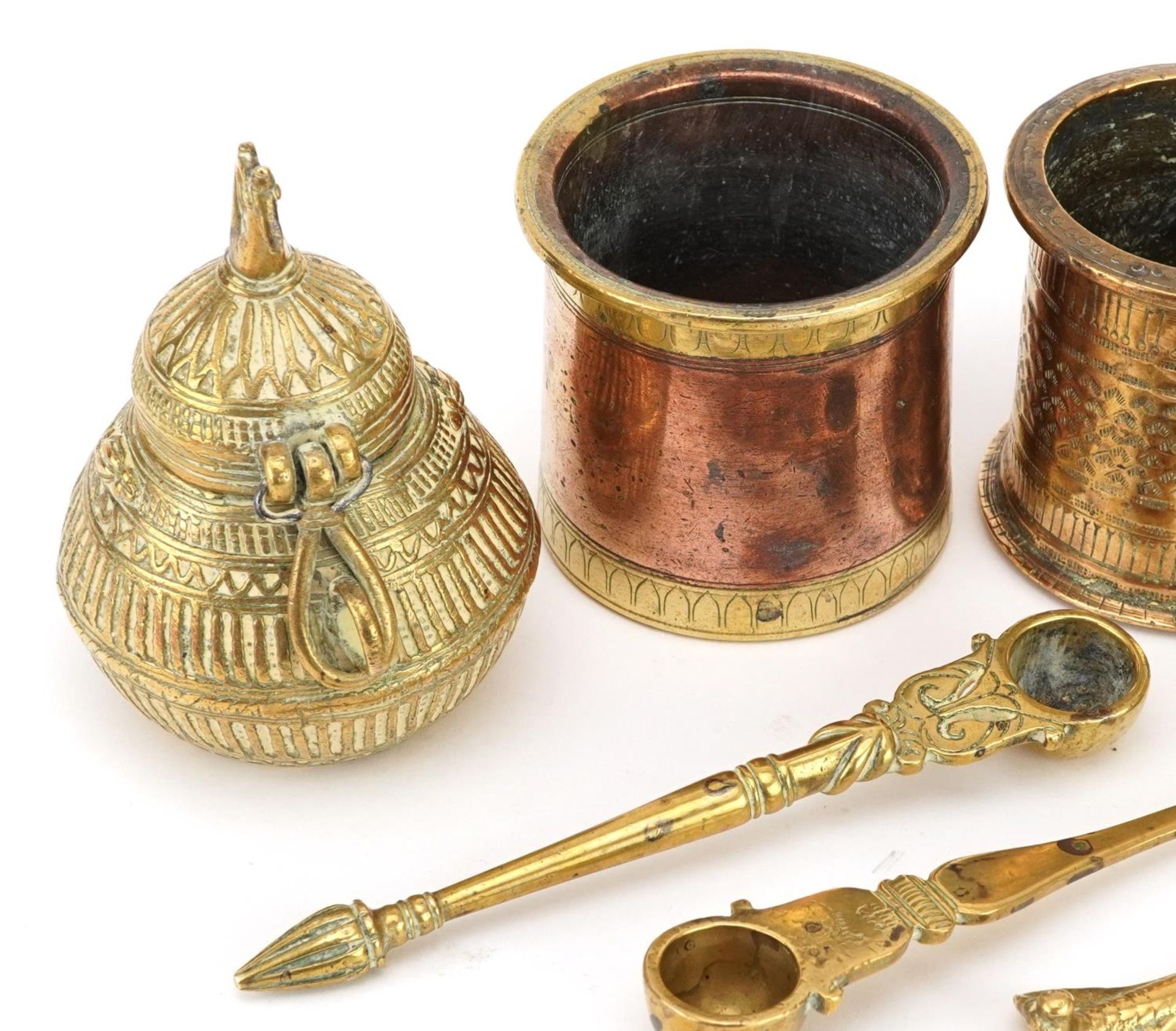 18th/19th and 20th century Indian metalware including three anointing spoons, Panch Patra holy water - Image 2 of 3