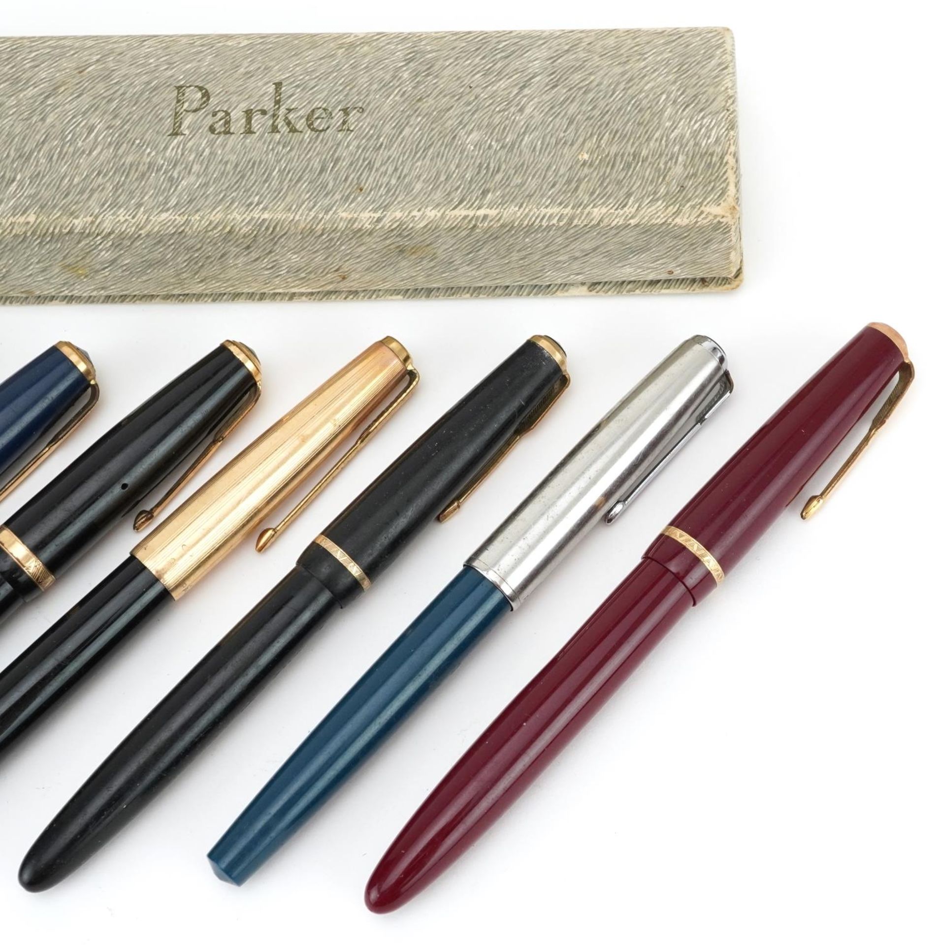 Seven vintage Parker fountain pens, some with gold nibs, one with box, including Duofold, Senior - Image 3 of 4
