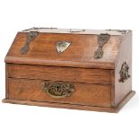Edwardian brass bound oak cantilever stationery box with brass carrying handles, impressed