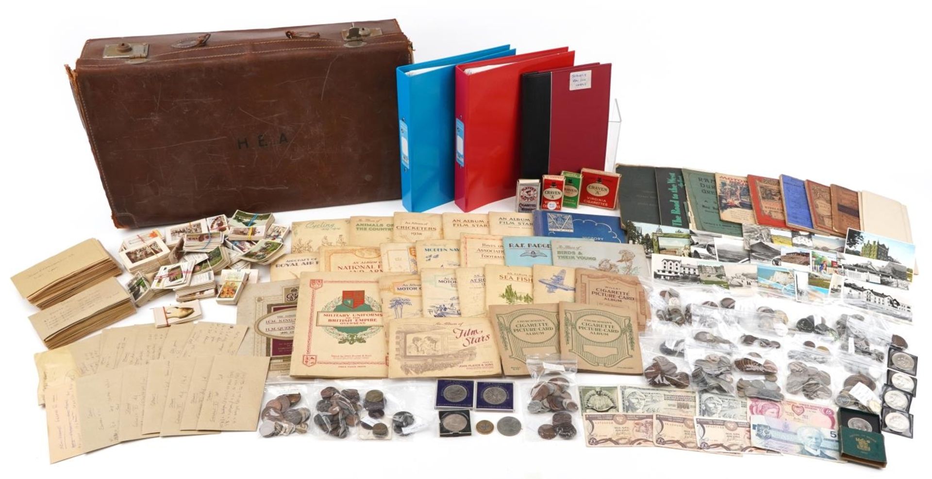 Large collection of coins and ephemera including cigarette cards, canvas backed Ordnance Survey maps