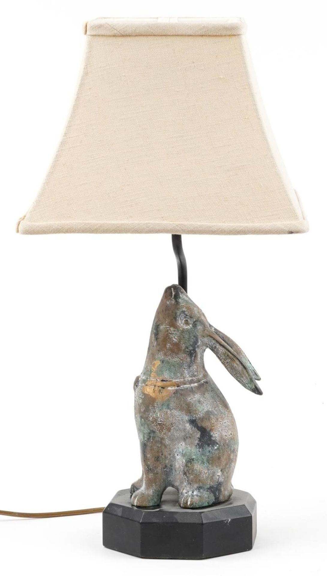 Chinese table ebonised table lamp with shade surmounted with a verdigris partially gilt bronzed - Image 2 of 4