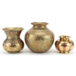 Three 18th/19th century southern Indian Ganga-Jamuna lota copper and brass holy water vases