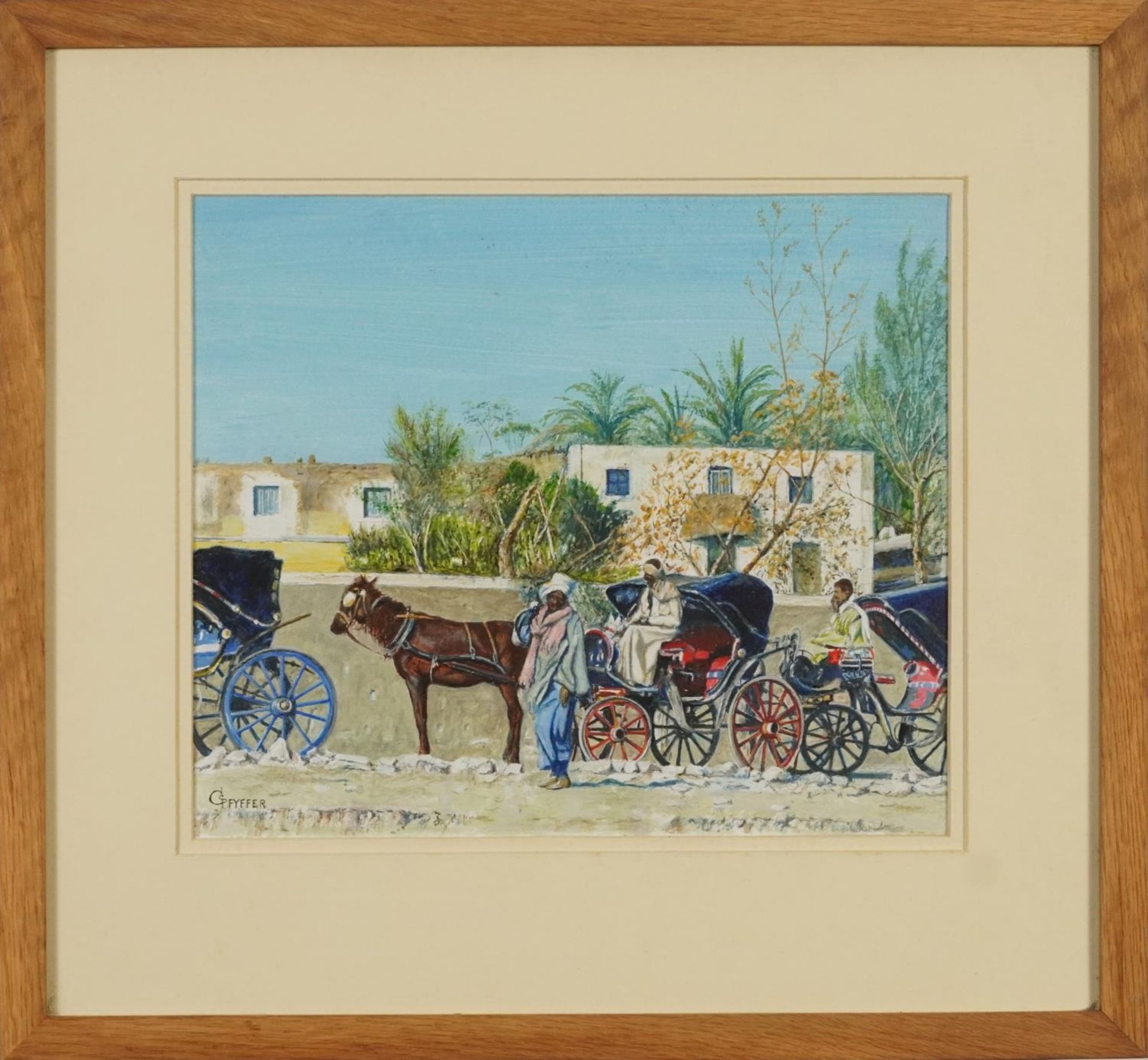 Gordon Pfyffer - Egyptian taxis, Luxor, mixed media, inscribed Gallery label verso, mounted, - Image 2 of 5