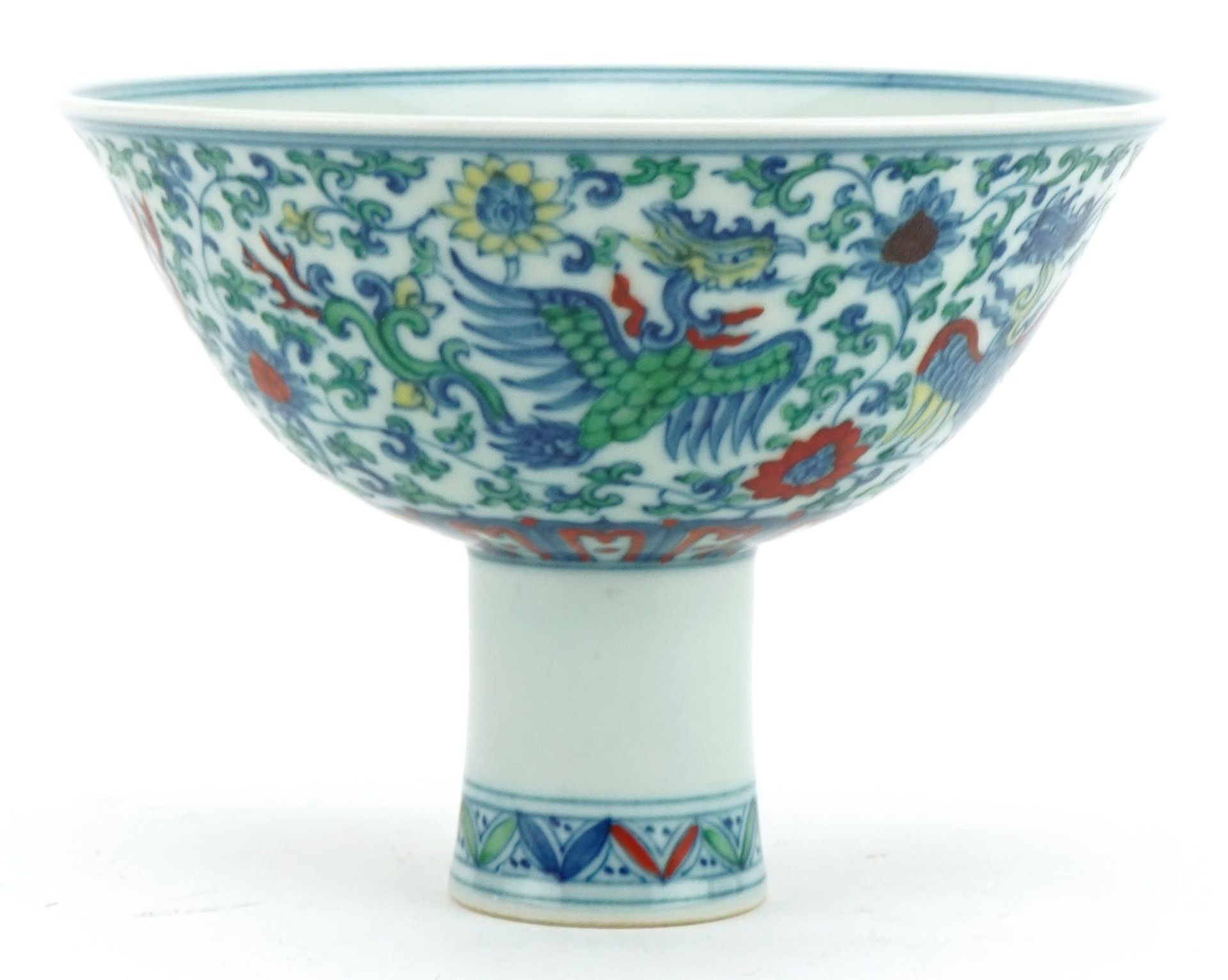 Chinese doucai porcelain stem bowl hand painted with phoenixes amongst flowers, six figure character - Image 2 of 7