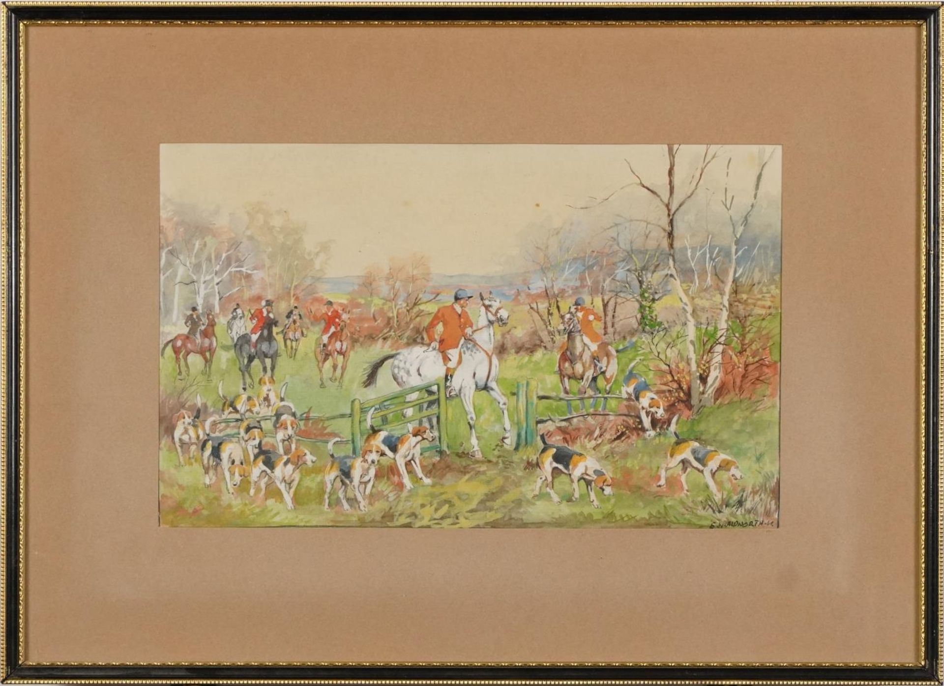 Ernest William Aldworth - Hunting scene with huntsmen on horseback with hounds and village landscape - Image 8 of 10