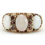 9ct gold cabochon opal and garnet ring, size K, 3.6g : For further information on this lot please