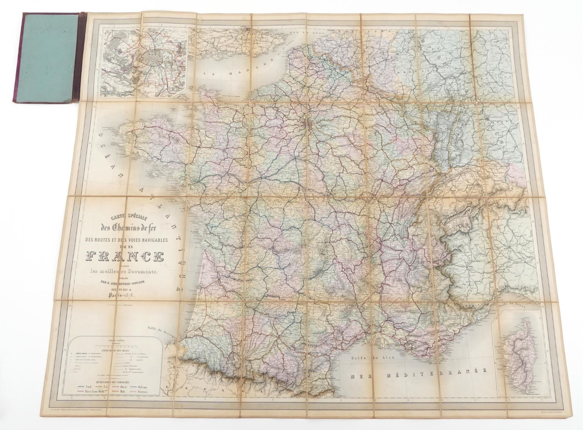 Antique canvas backed folding map of France dated 1878, 85cm x 96cm : For further information on