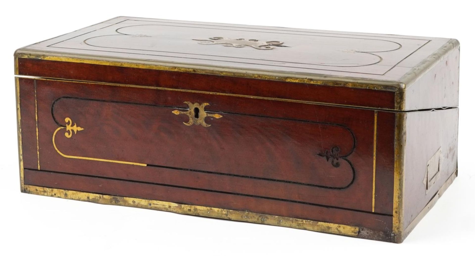 Large Victorian mahogany campaign style writing slope with inset brass foliate inlay and inset