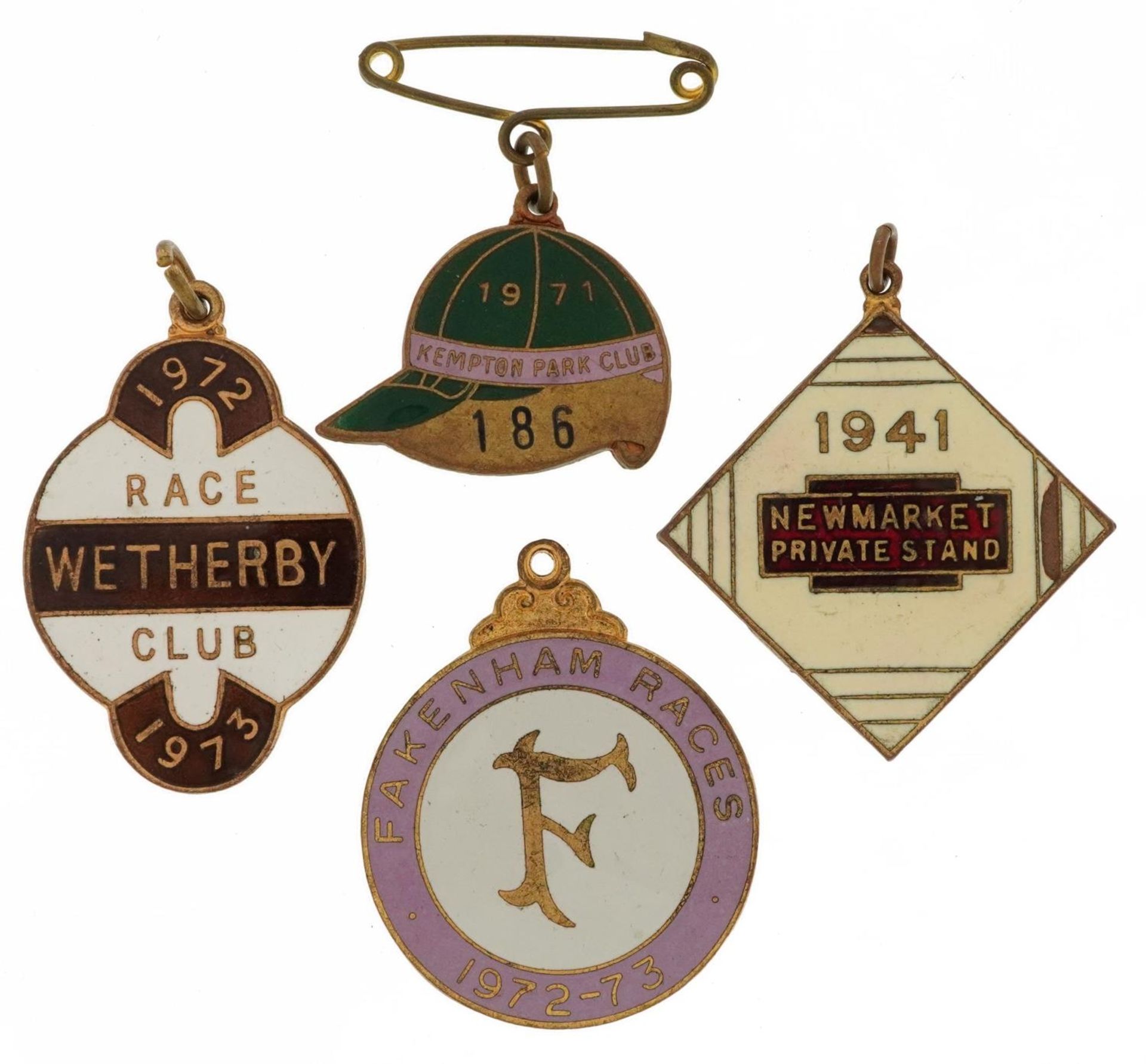 Four 1940s and later horseracing interest enamelled admission jewels comprising Newmarket Private