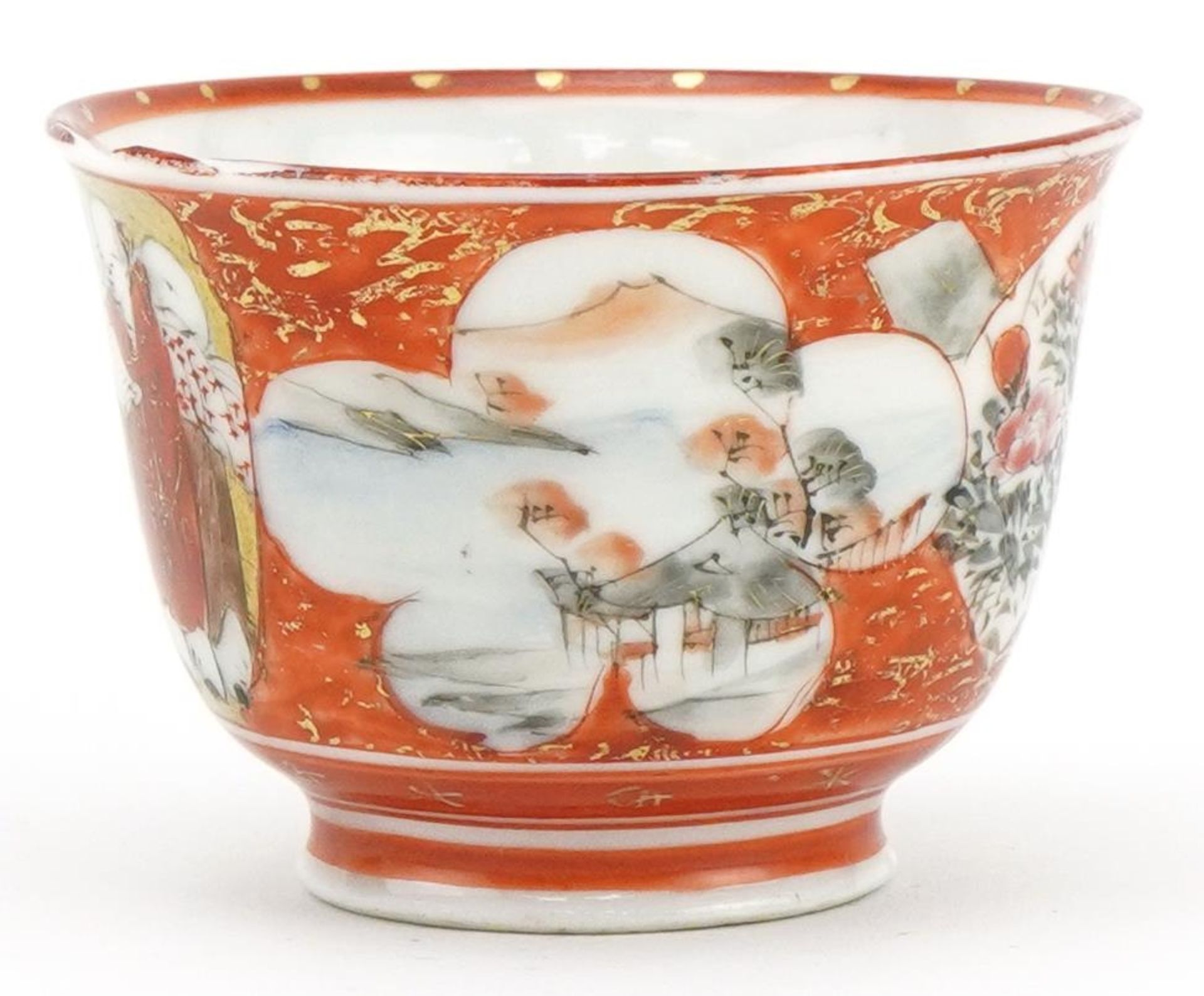Japanese Kutani porcelain tea bowl with saucer hand painted with figures and flowers, the largest - Image 3 of 8