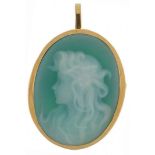 18ct gold cameo pate sur pate type glass maiden head pendant brooch, 2.5cm high, 3.2g : For