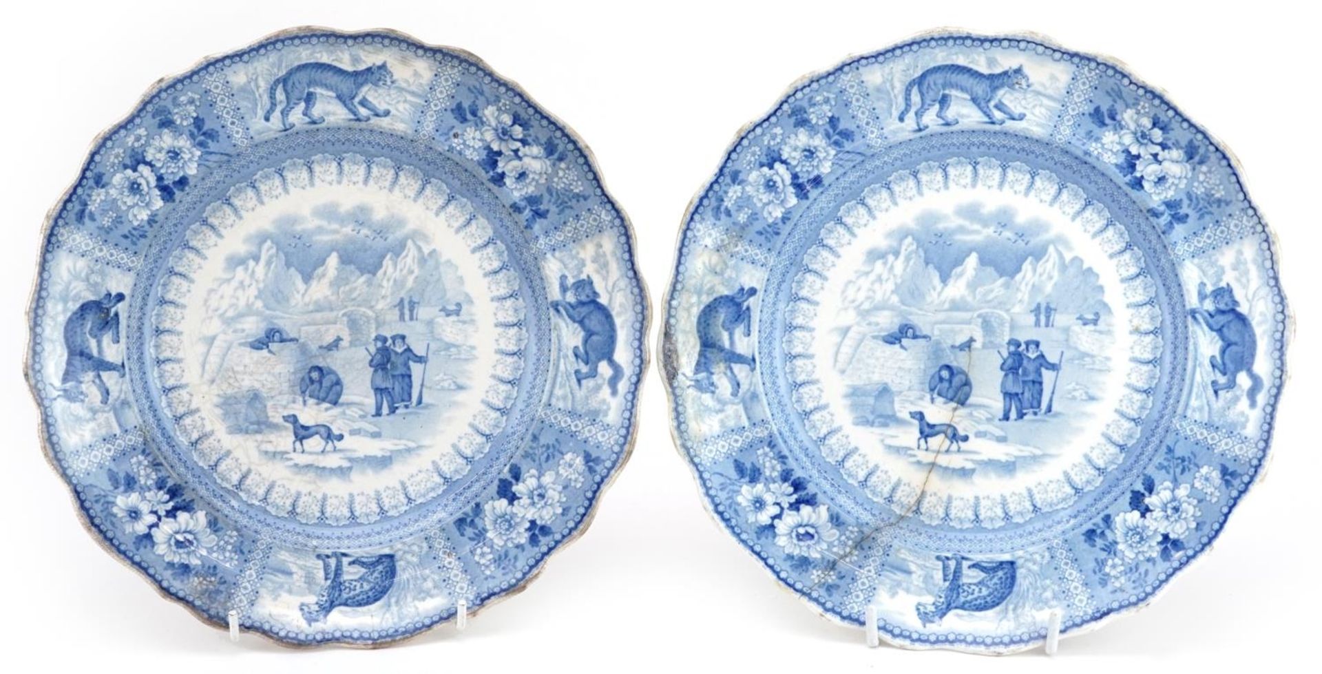 Pair of 19th century pearlware Arctic Scenery series plates decorated with Eskimos and igloos,