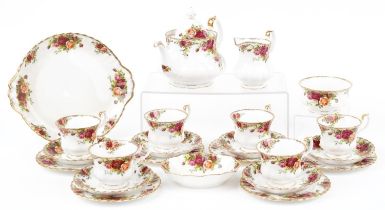 Royal Albert Old Country Roses six place tea service with teapot, milk jug and sugar bowl, the