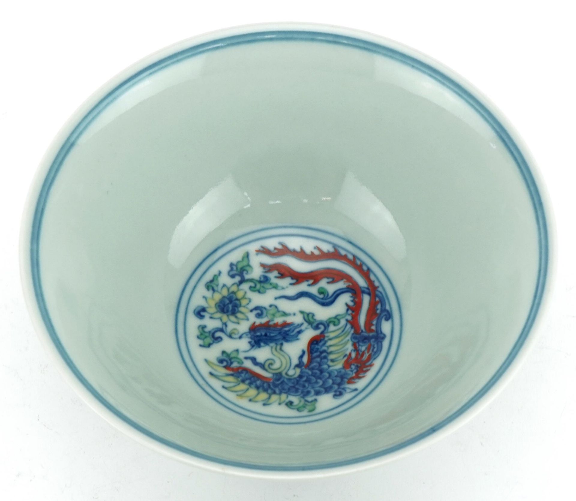 Chinese doucai porcelain stem bowl hand painted with phoenixes amongst flowers, six figure character - Image 5 of 7